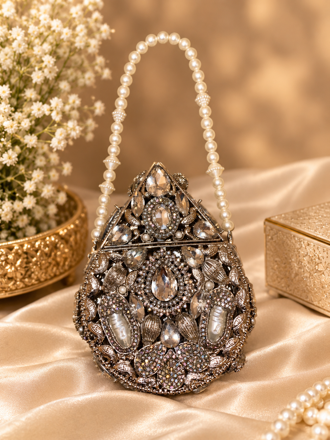 Mini Clutch Silver Pearl & Crystals
