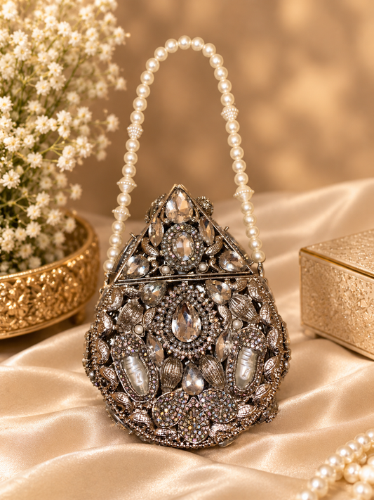 Mini Clutch Silver Pearl & Crystals